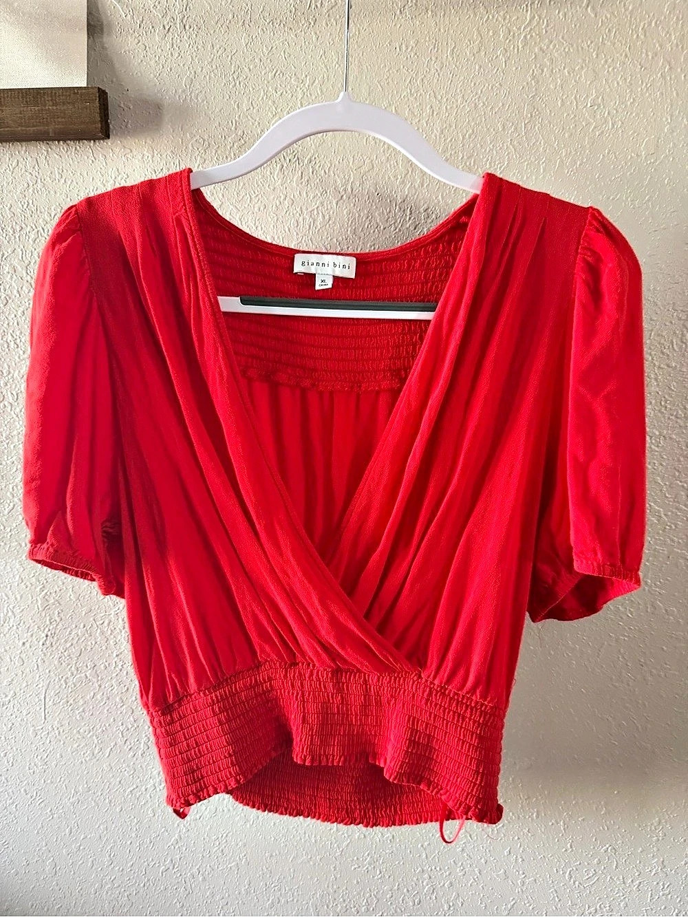 Gianni Bini Bright Red V-Neck Smocked Waist Blouse XL